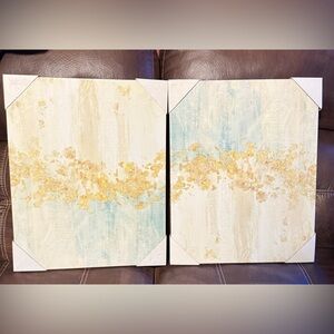 Abstract Canvas Gold Leaf Diptych Wall Art in Soft Blue and Cream